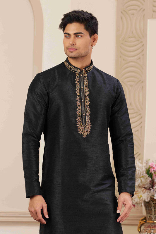 Men's Banarasi Art Silk Hand Work Kurta Pajama In Black Colour
