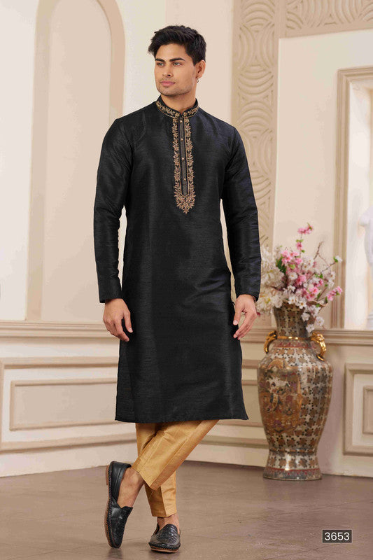 Men's Banarasi Art Silk Hand Work Kurta Pajama In Black Colour