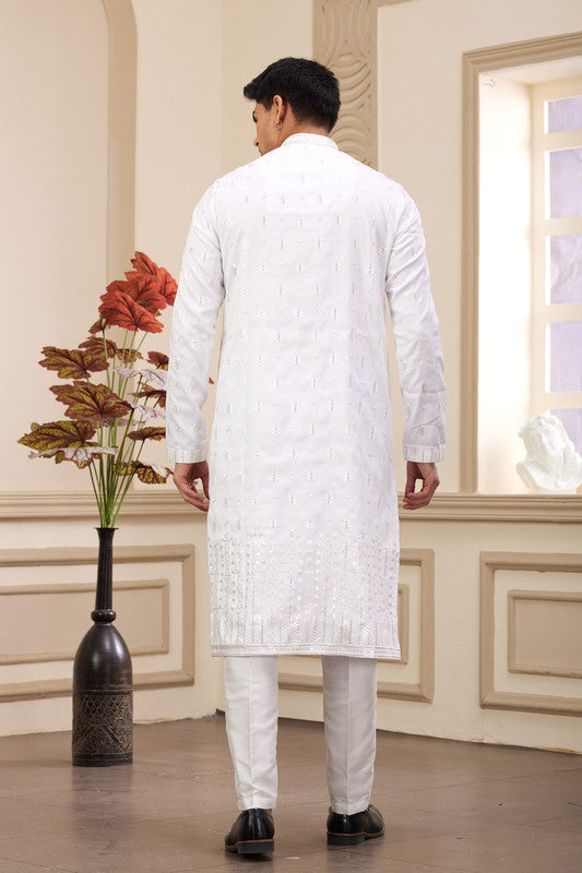 Men's Art Silk Thread Work Kurta Pajama In Off White Colour