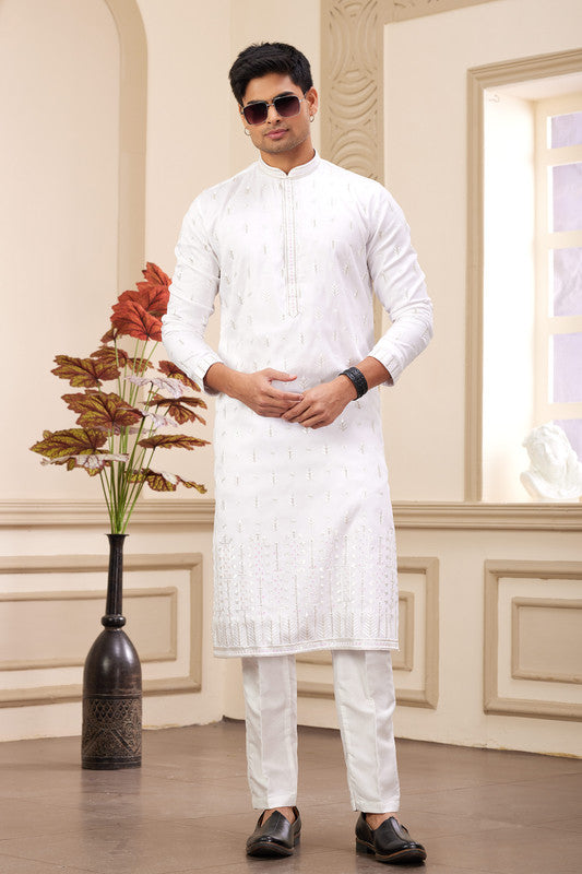 Men's Art Silk Thread Work Kurta Pajama In Off White Colour