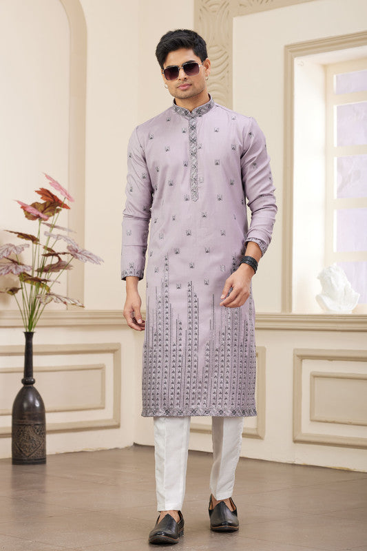 Men's Art Silk Thread Work Kurta Pajama In Purple Colour
