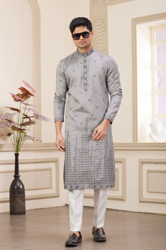 Men's Art Silk Thread Work Kurta Pajama In Grey Colour