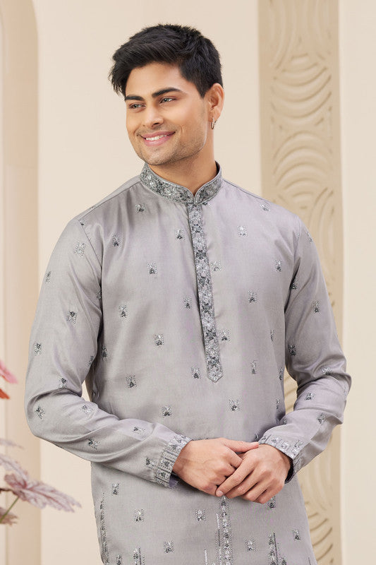 Men's Art Silk Thread Work Kurta Pajama In Grey Colour