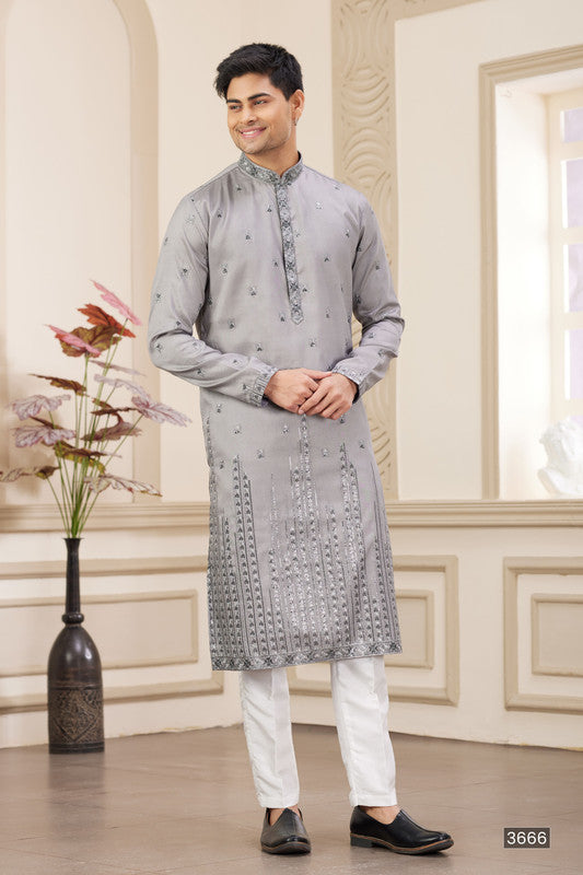 Men's Art Silk Thread Work Kurta Pajama In Grey Colour