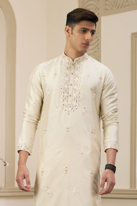 Men's Banarasi Art Silk Thread And Mirror Work Kurta Pajama In Beige Colour