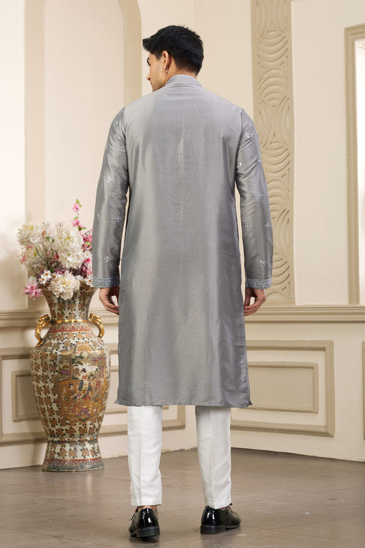 Men's Banarasi Art Silk Thread And Mirror Work Kurta Pajama In Grey Colour