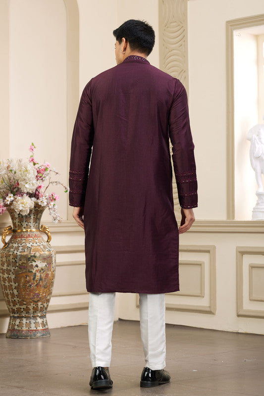 Men's Banarasi Art Silk Thread And Mirror Work Kurta Pajama In Wine Colour