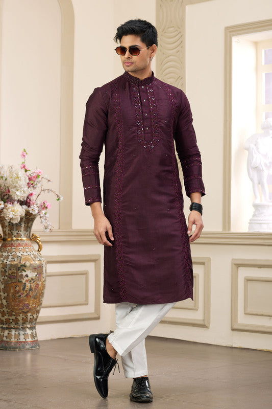 Men's Banarasi Art Silk Thread And Mirror Work Kurta Pajama In Wine Colour
