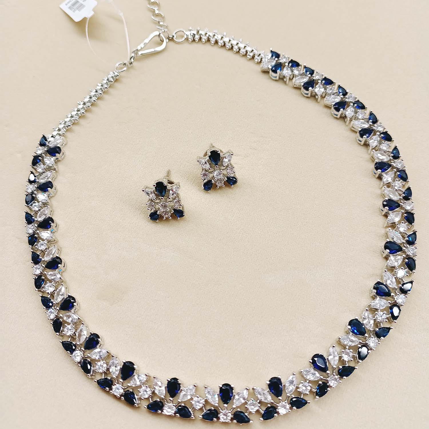 Hizra American Diamond Neckline With Blue Sapphire Stones - qivii
