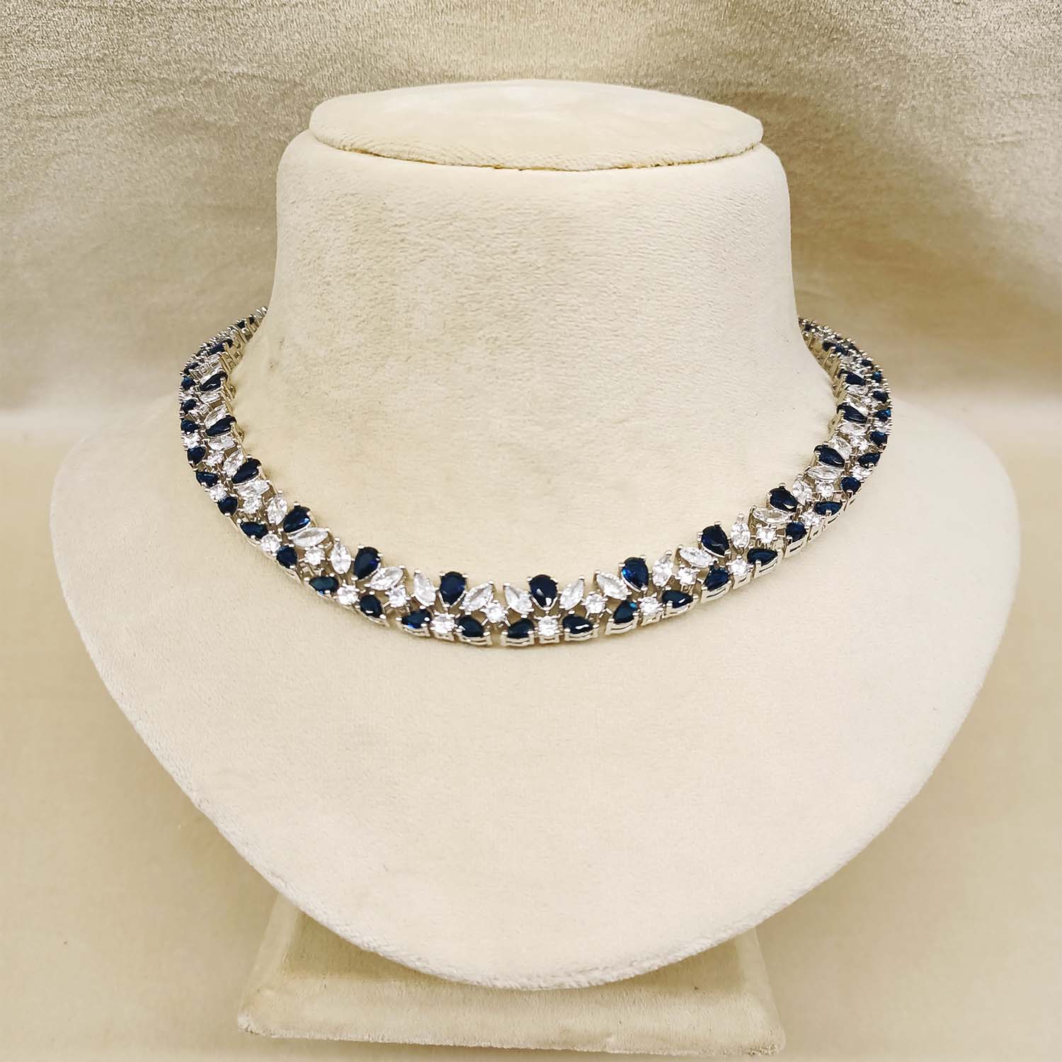 Hizra American Diamond Neckline With Blue Sapphire Stones - qivii