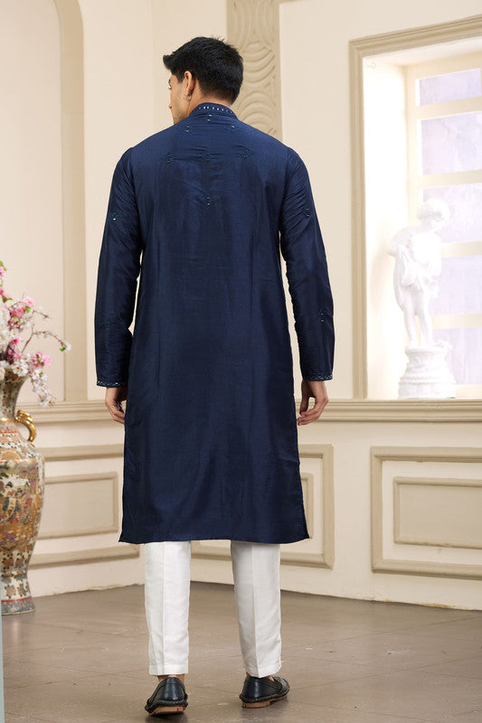 Men's Banarasi Art Silk Thread And Mirror Work Kurta Pajama In Blue Colour
