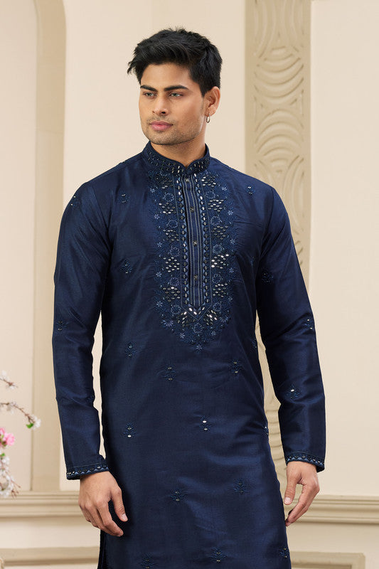 Men's Banarasi Art Silk Thread And Mirror Work Kurta Pajama In Blue Colour