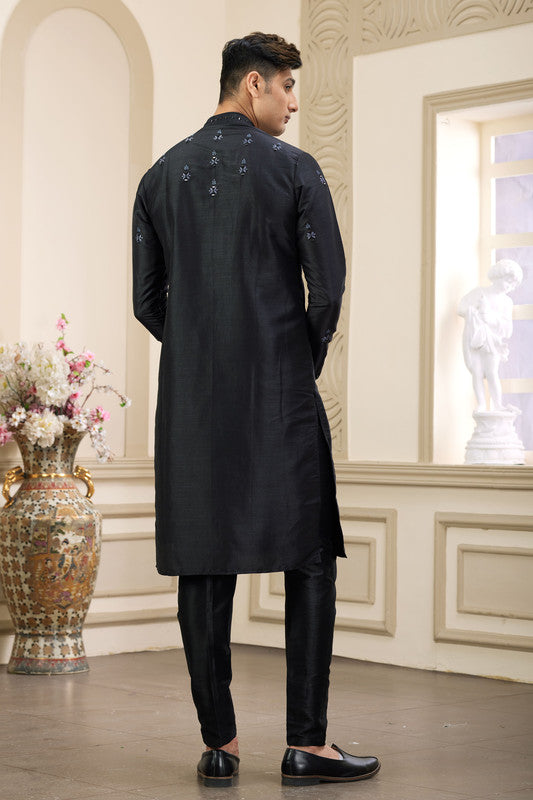 Men's Banarasi Art Silk Thread And Mirror Work Kurta Pajama In Black Colour