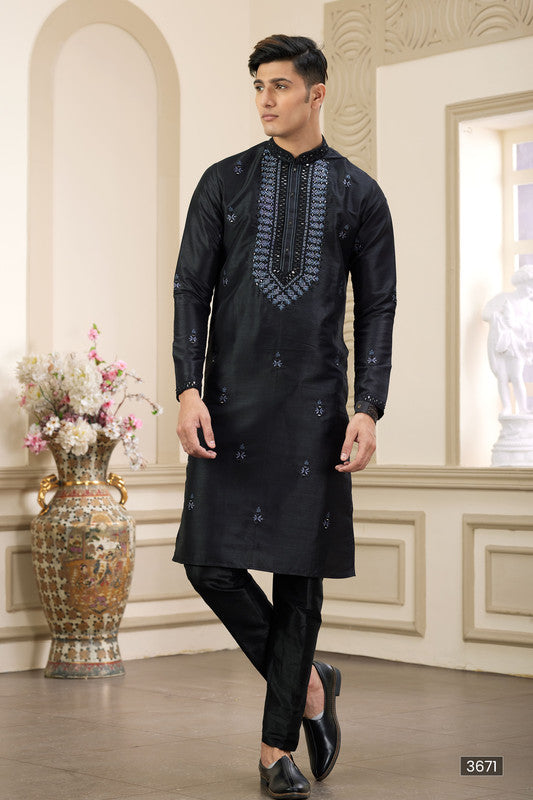 Men's Banarasi Art Silk Thread And Mirror Work Kurta Pajama In Black Colour