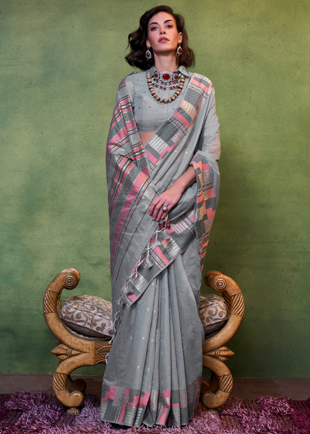 Lava Green Handwoven Cotton Silk Saree with Brocade Blouse - qivii