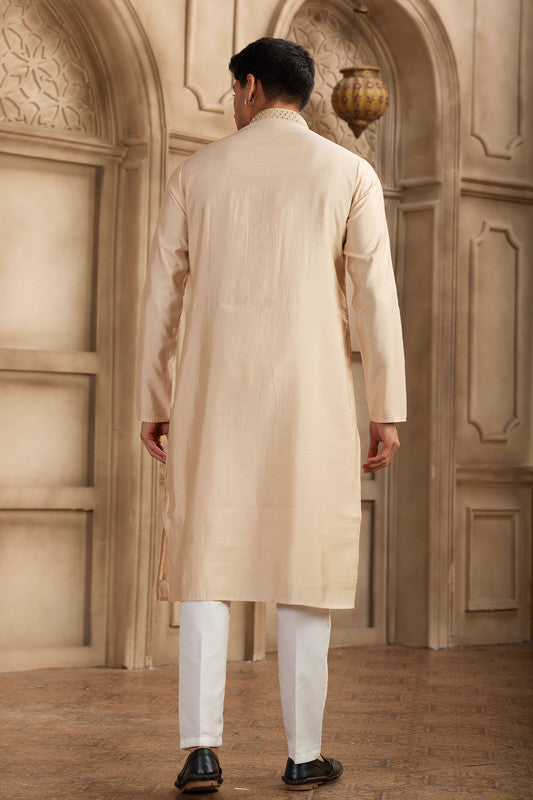 Men's Banarasi Art Silk Mirror Work Kurta Pajama In Beige Colour