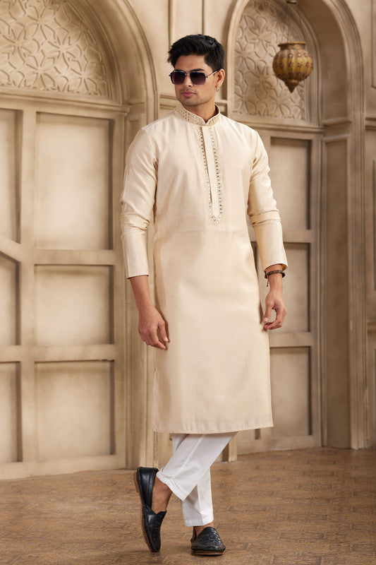 Men's Banarasi Art Silk Mirror Work Kurta Pajama In Beige Colour