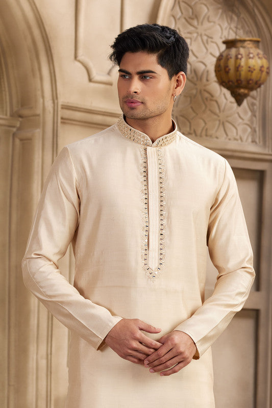 Men's Banarasi Art Silk Mirror Work Kurta Pajama In Beige Colour