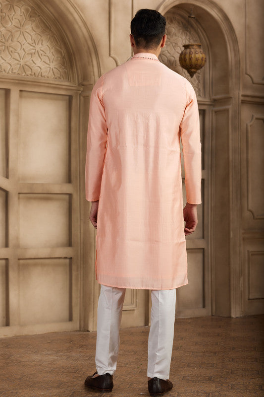Men's Banarasi Art Silk Mirror Work Kurta Pajama In Pink Colour