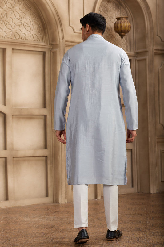 Men's Banarasi Art Silk Mirror Work Kurta Pajama In Sky Blue Colour