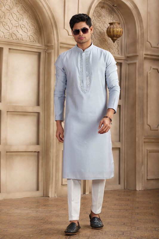 Men's Banarasi Art Silk Mirror Work Kurta Pajama In Sky Blue Colour