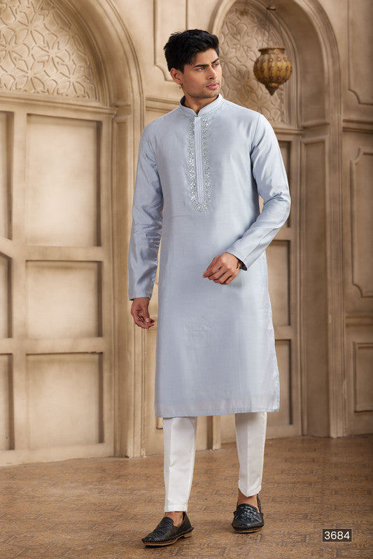Men's Banarasi Art Silk Mirror Work Kurta Pajama In Sky Blue Colour