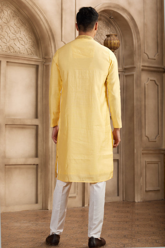 Men's Banarasi Art Silk Mirror Work Kurta Pajama In Yellow Colour