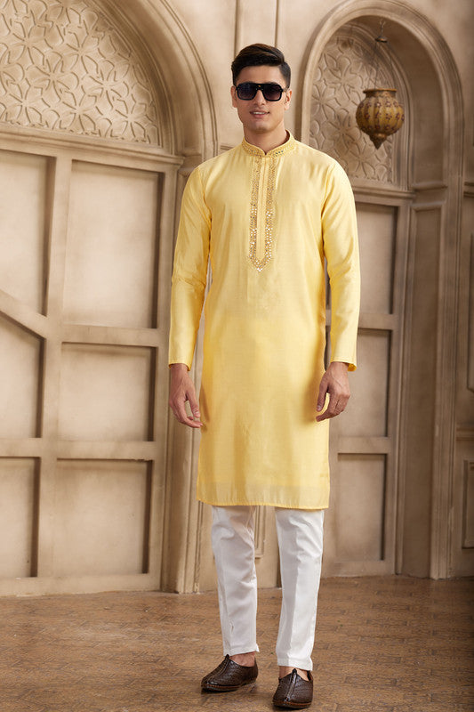 Men's Banarasi Art Silk Mirror Work Kurta Pajama In Yellow Colour