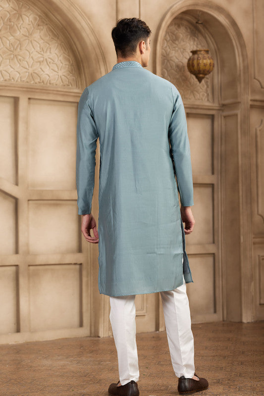 Men's Banarasi Art Silk Mirror Work Kurta Pajama In Grey Colour