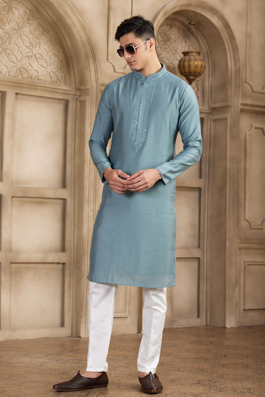 Men's Banarasi Art Silk Mirror Work Kurta Pajama In Grey Colour