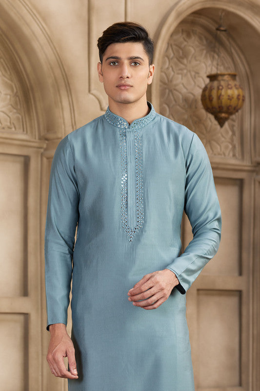 Men's Banarasi Art Silk Mirror Work Kurta Pajama In Grey Colour
