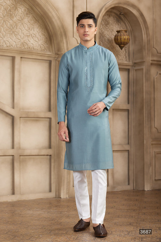 Men's Banarasi Art Silk Mirror Work Kurta Pajama In Grey Colour