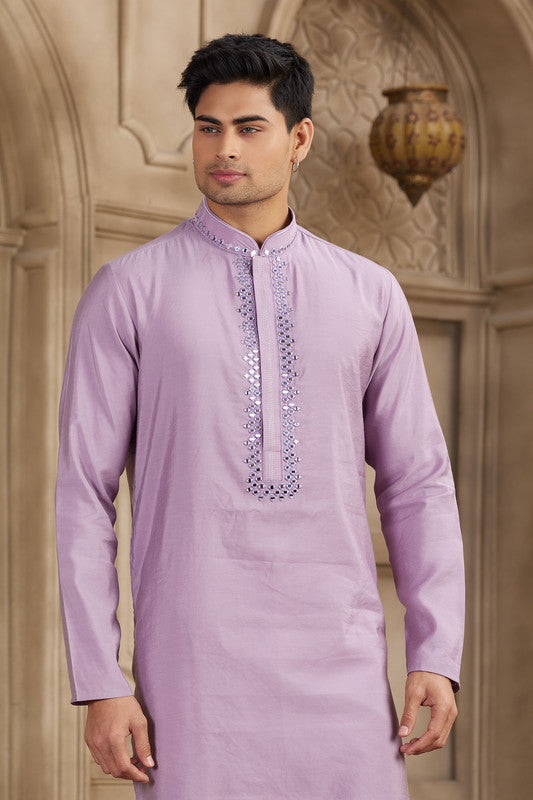 Men's Banarasi Art Silk Mirror Work Kurta Pajama In Purple Colour