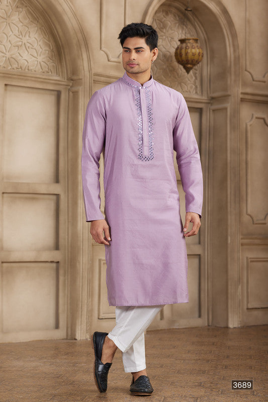Men's Banarasi Art Silk Mirror Work Kurta Pajama In Purple Colour