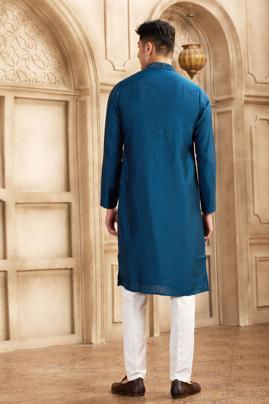 Men's Banarasi Art Silk Mirror Work Kurta Pajama In Blue Colour