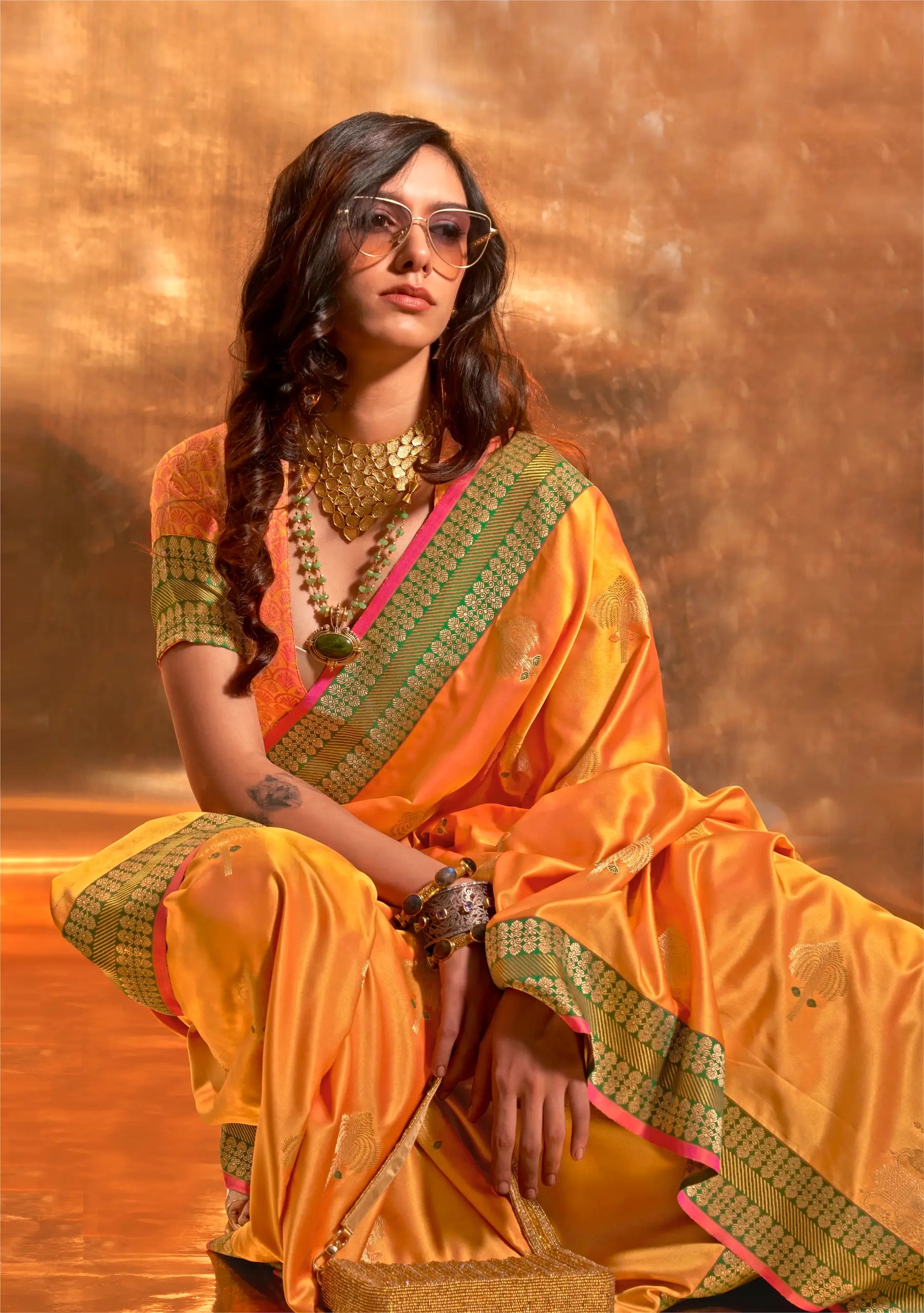 Honey Yellow Satin Handloom Weaving Silk Saree - qivii