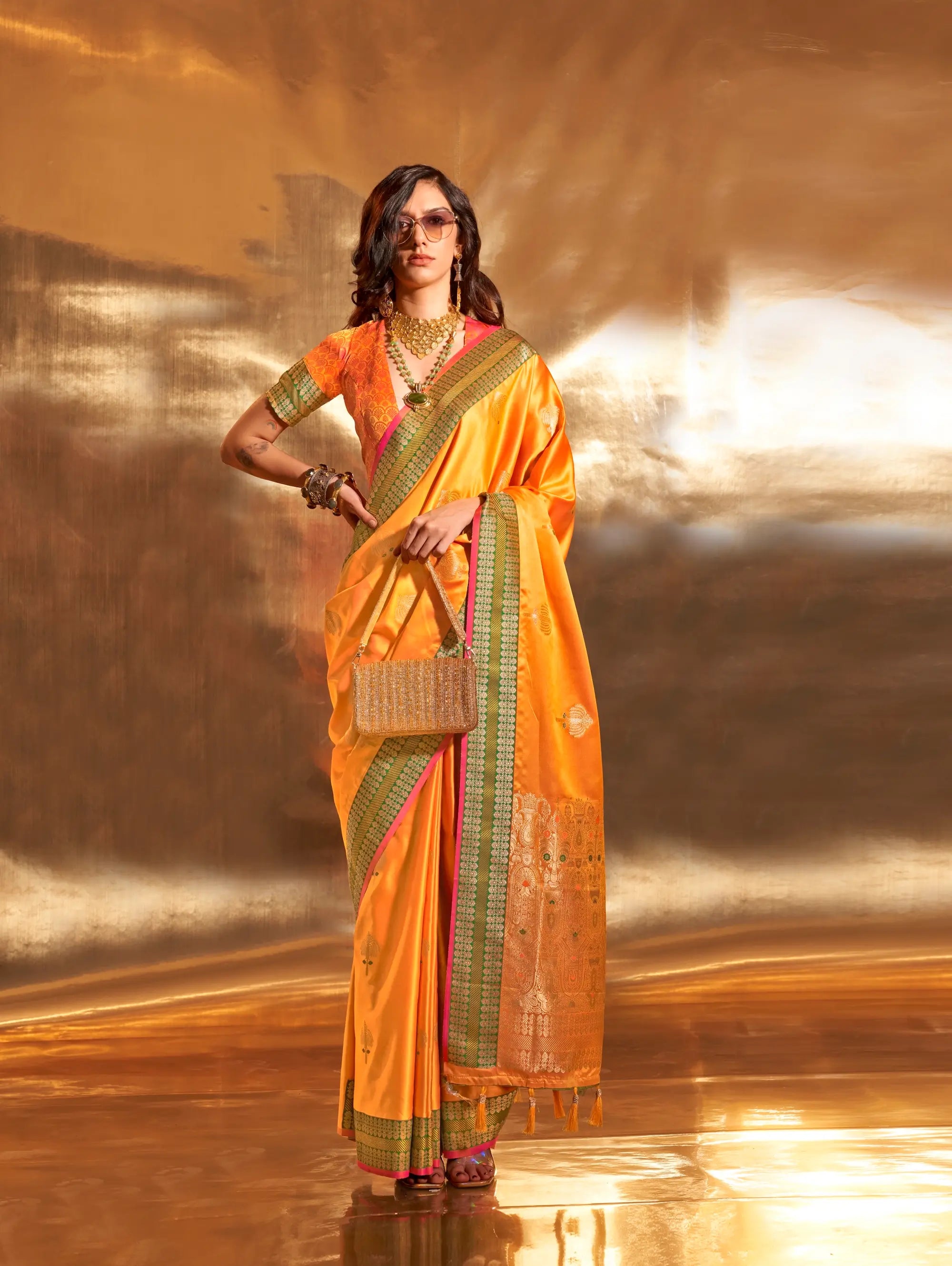 Honey Yellow Satin Handloom Weaving Silk Saree - qivii