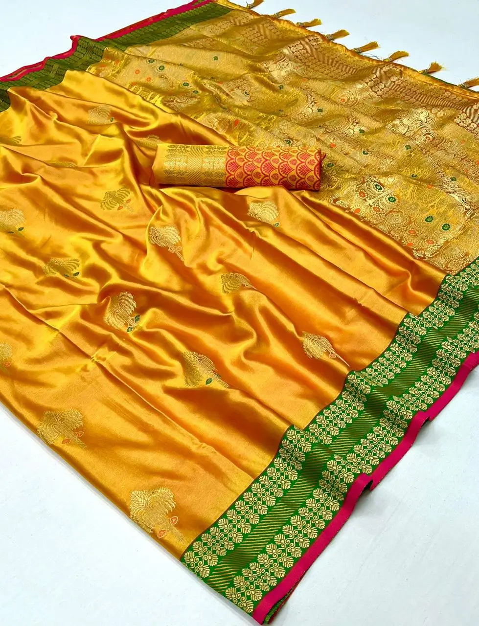 Honey Yellow Satin Handloom Weaving Silk Saree - qivii