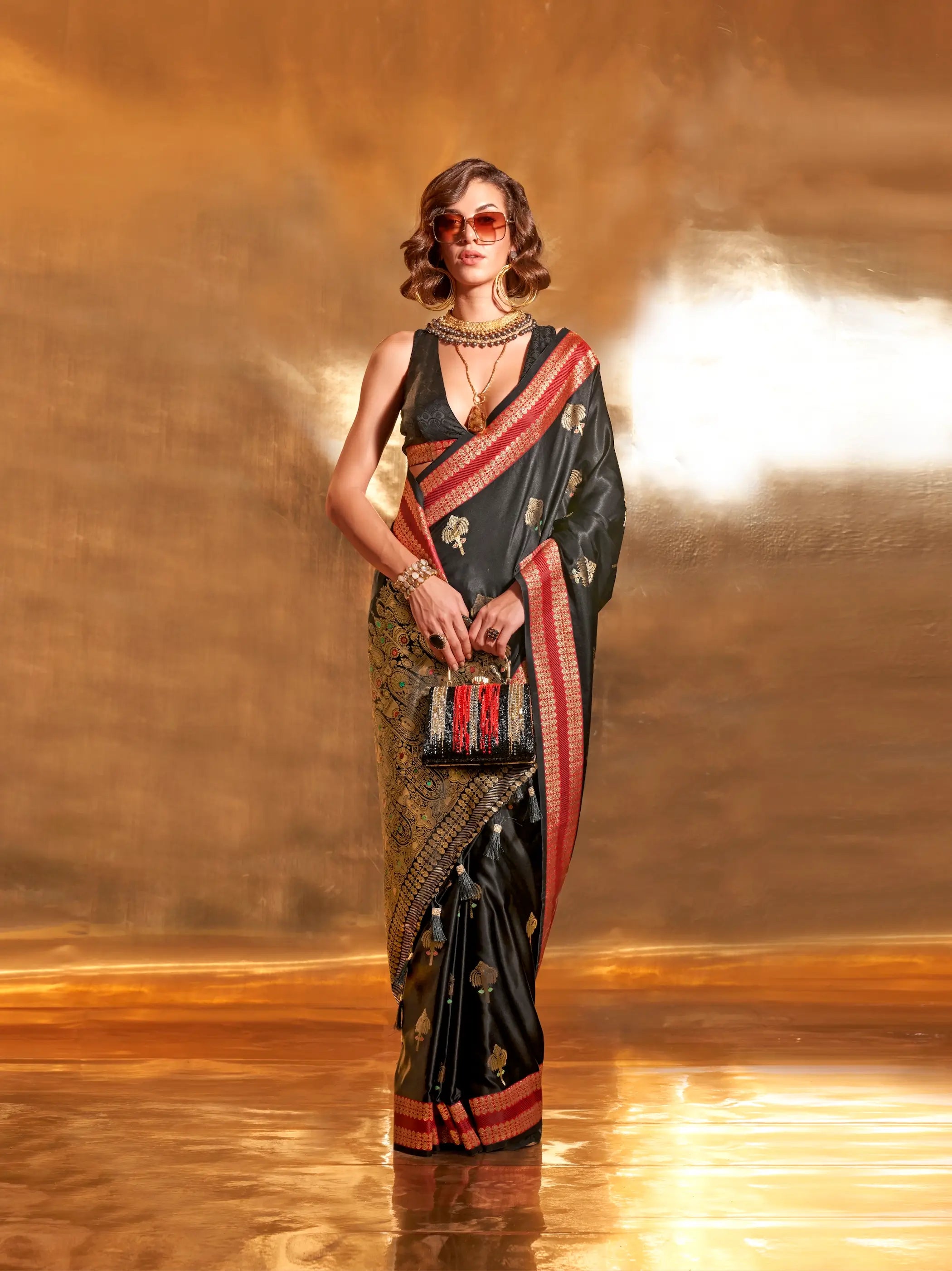 Black Satin Handloom Weaving Silk Saree - qivii