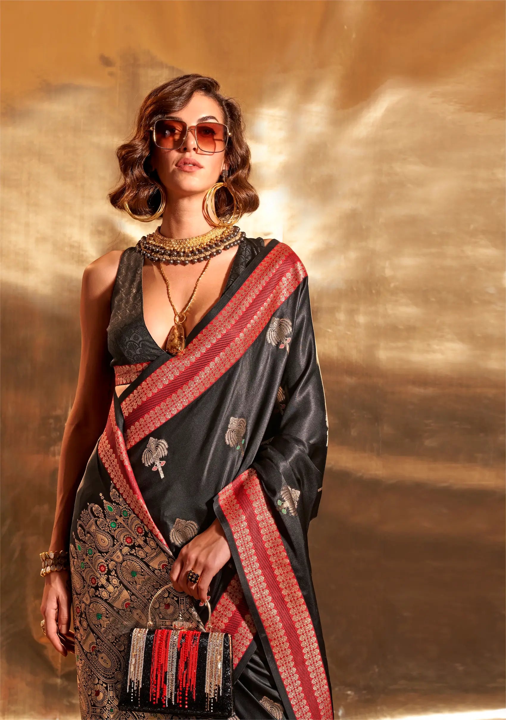 Black Satin Handloom Weaving Silk Saree