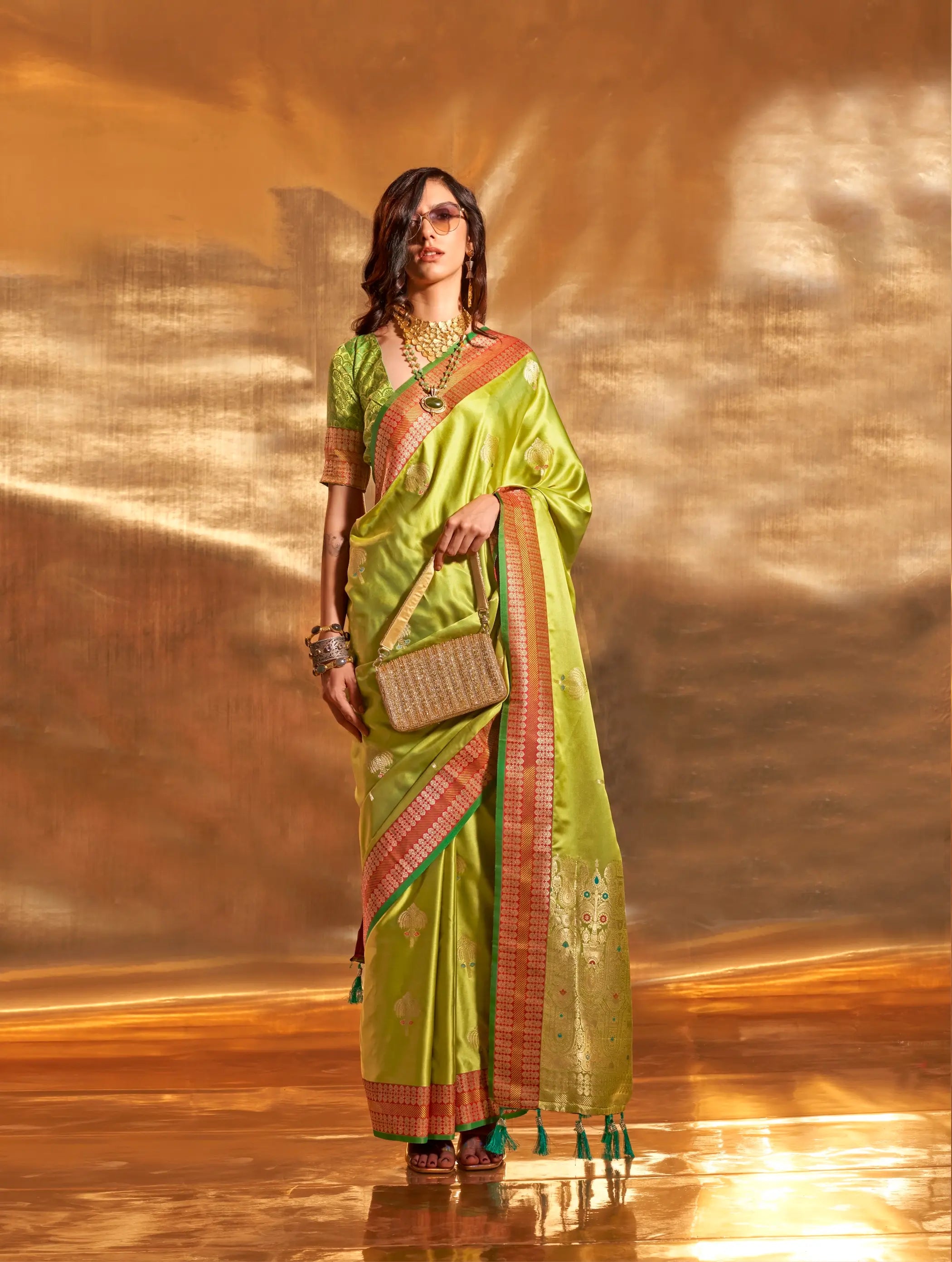 Avocado Green Satin Handloom Weaving Silk Saree - qivii