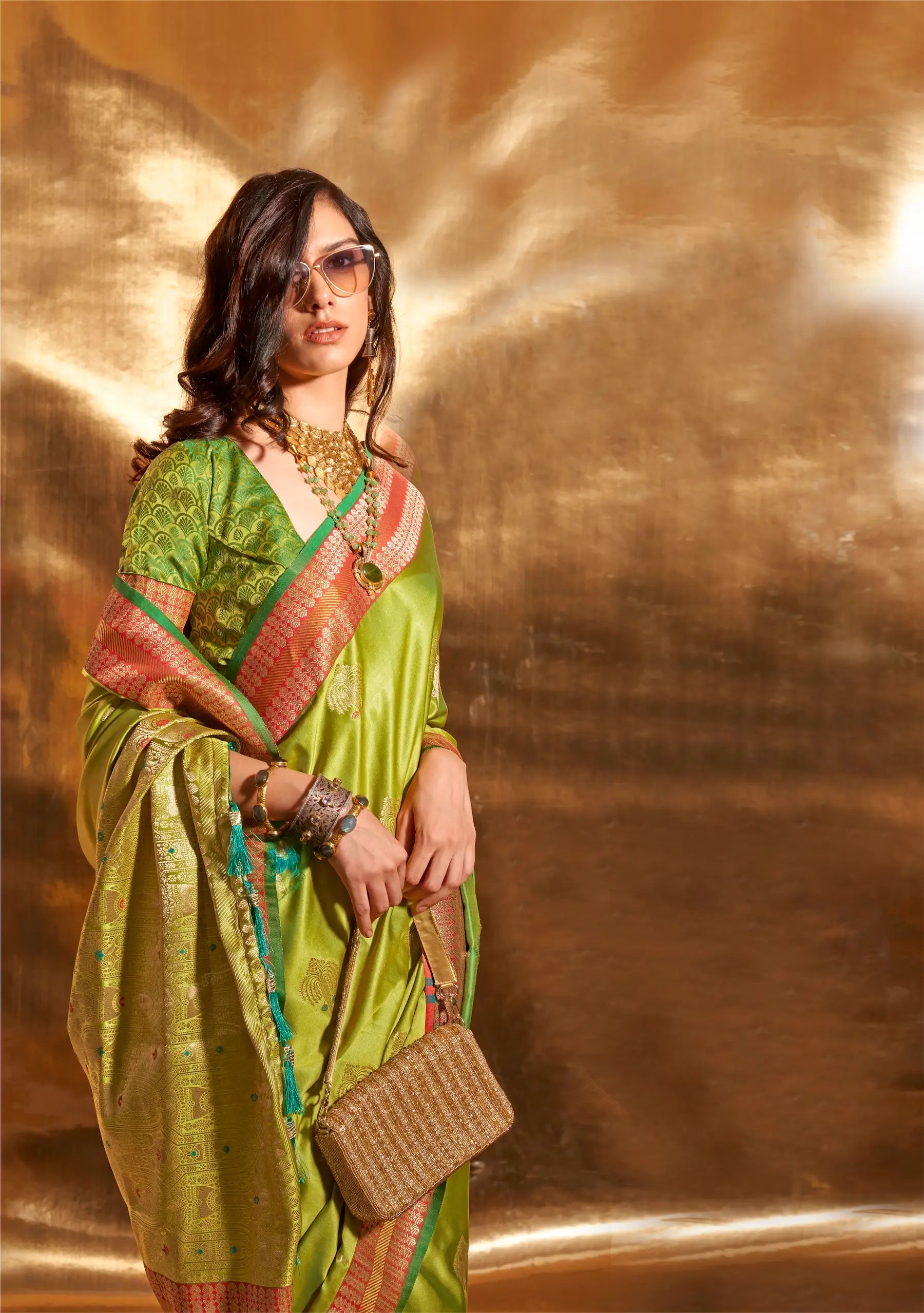 Avocado Green Satin Handloom Weaving Silk Saree - qivii