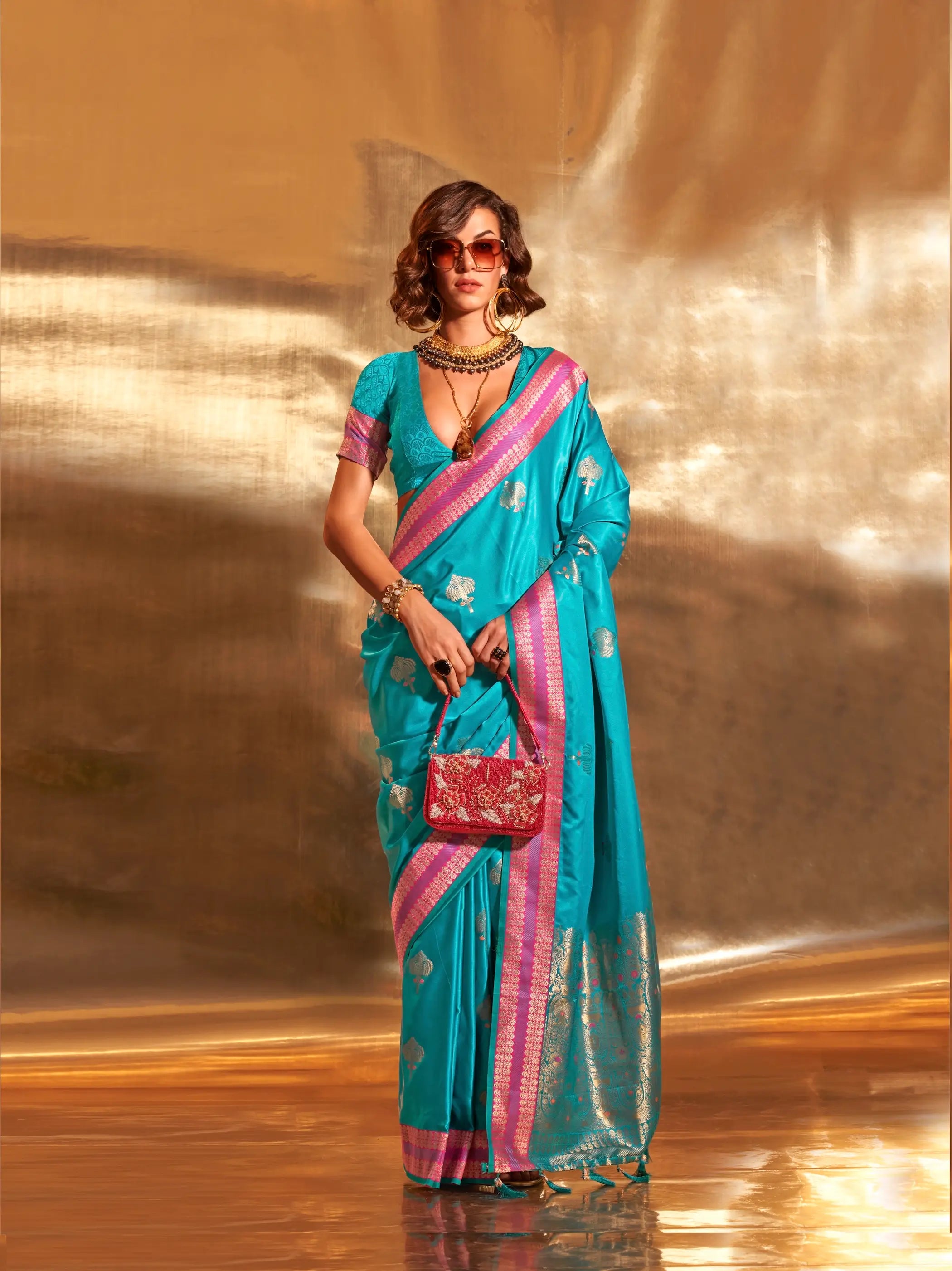 Electric Blue Satin Handloom Weaving Silk Saree - qivii