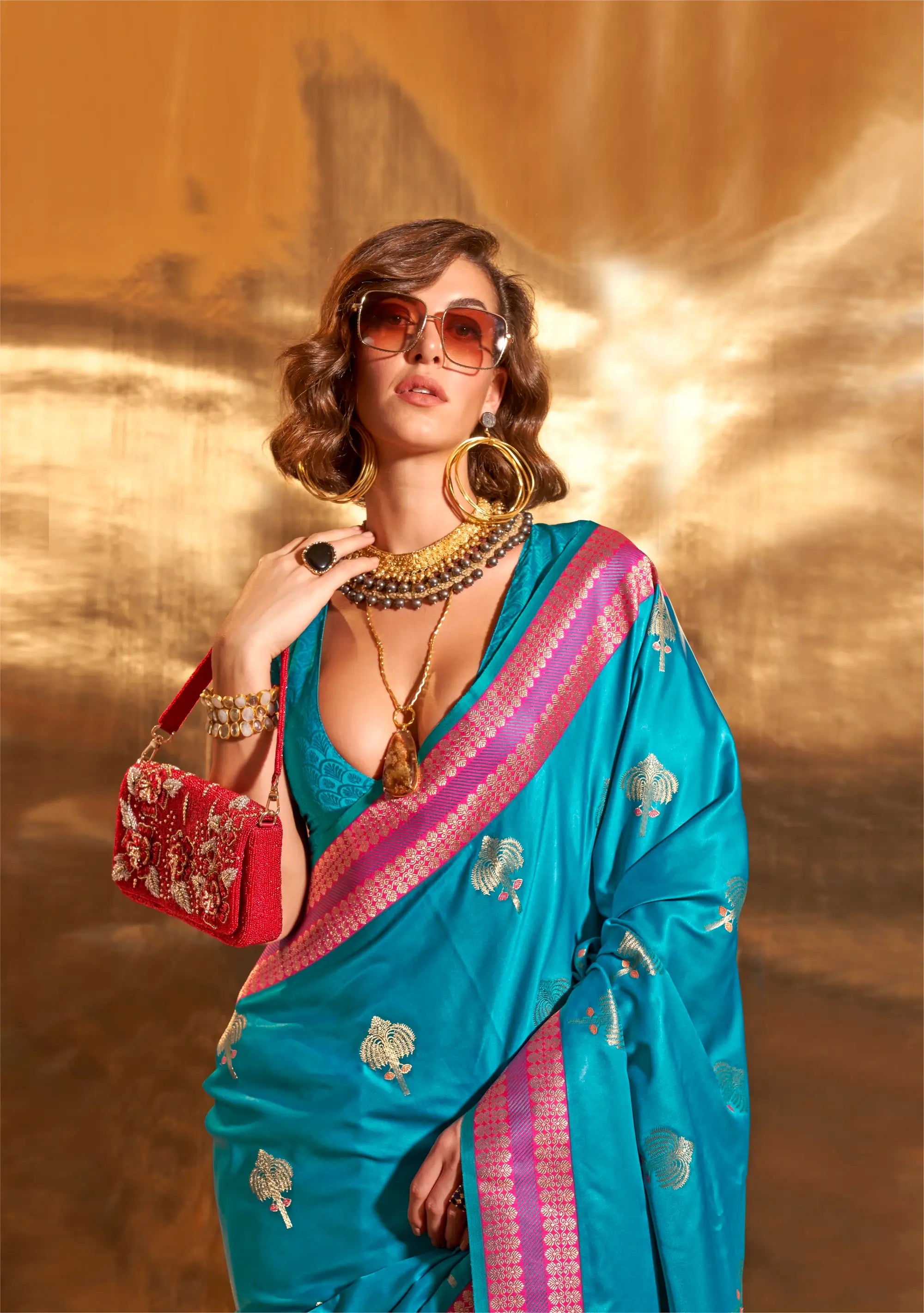 Electric Blue Satin Handloom Weaving Silk Saree - qivii