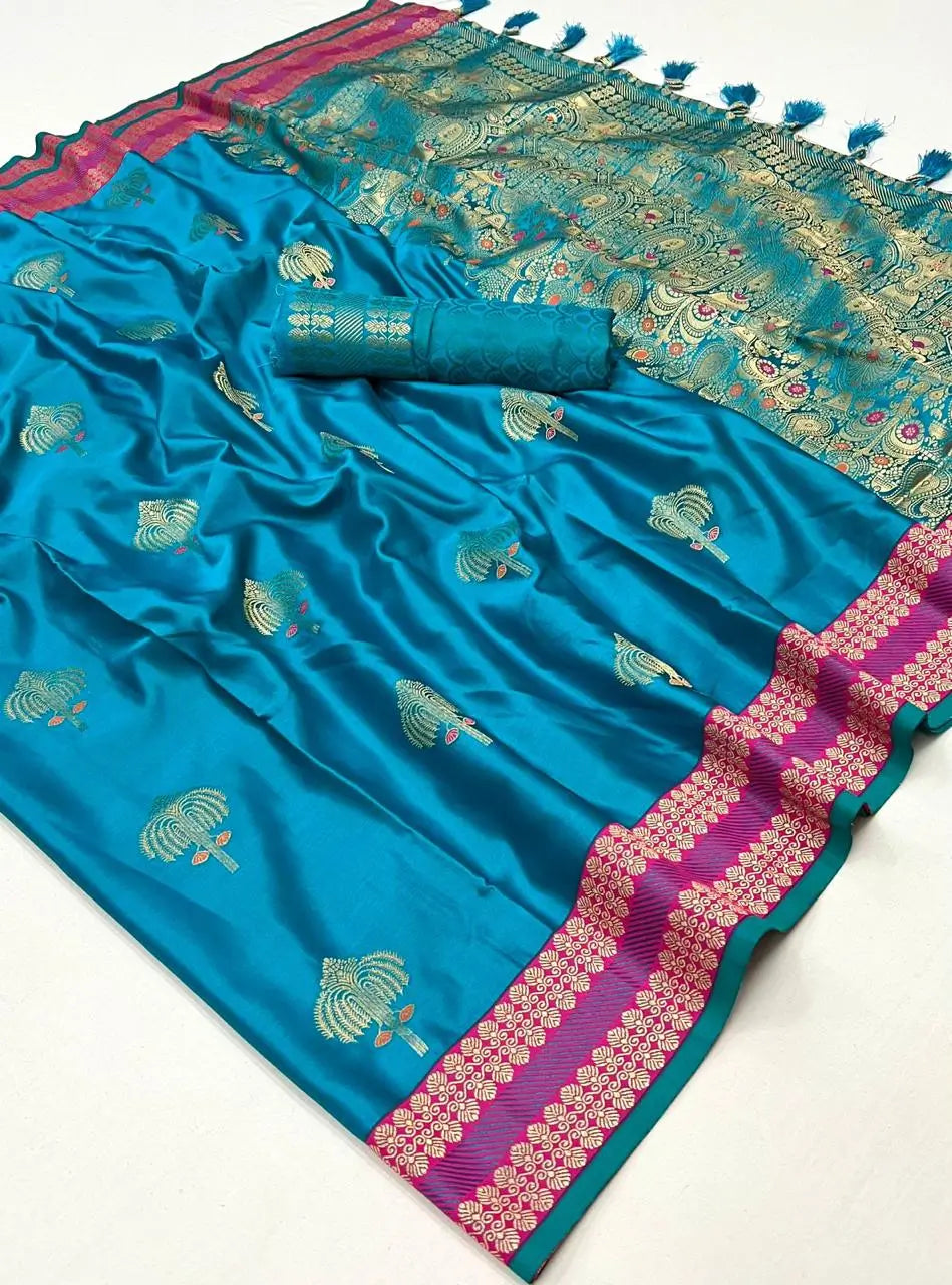 Electric Blue Satin Handloom Weaving Silk Saree - qivii