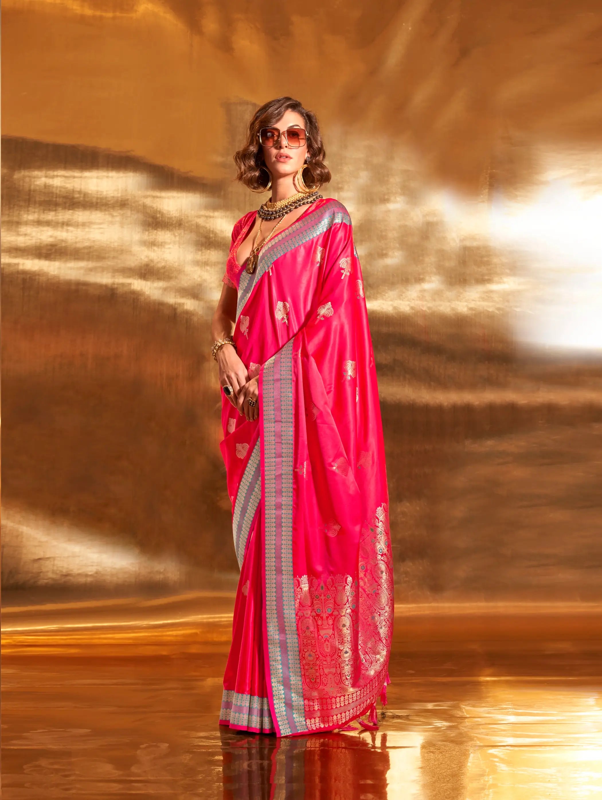 Bright Red Satin Handloom Weaving Silk Saree - qivii