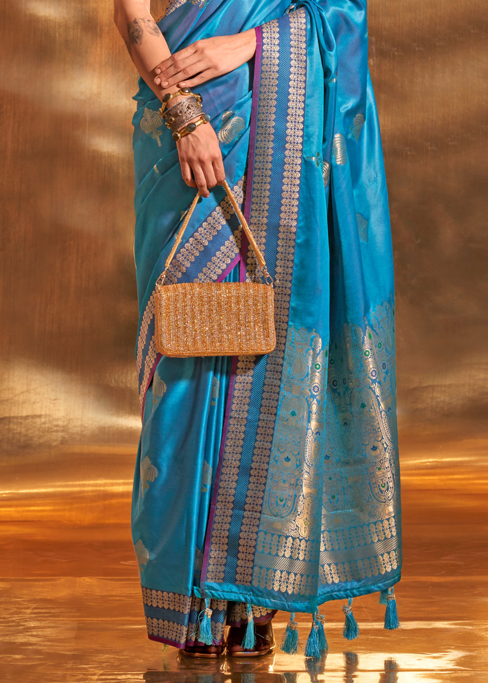 Royal Blue Handloom Woven Satin Silk Saree - qivii