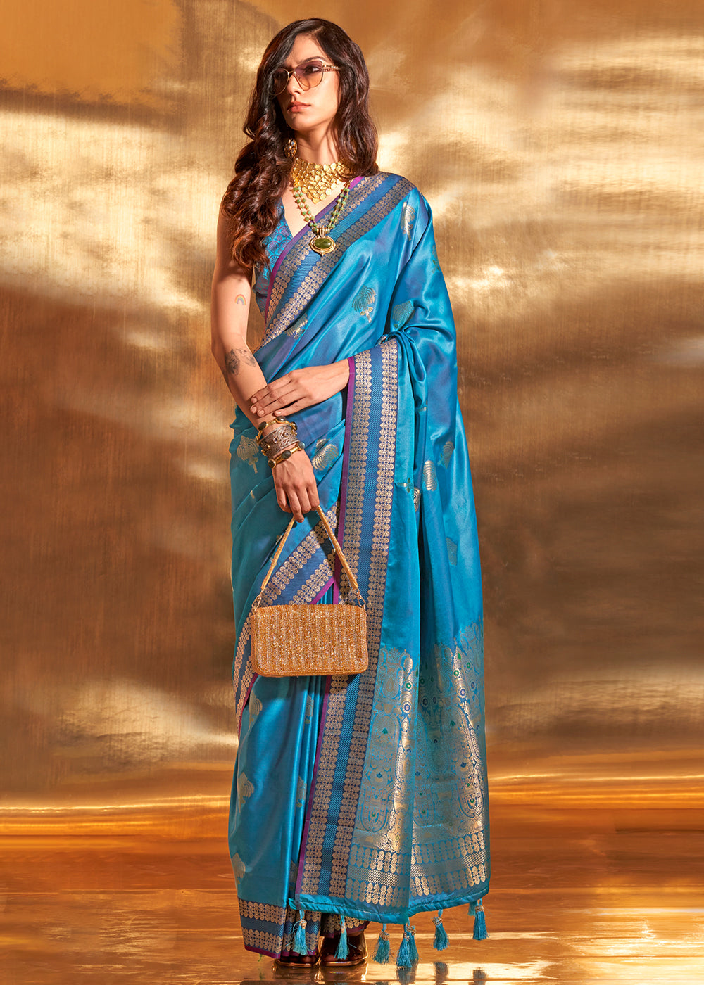 Royal Blue Handloom Woven Satin Silk Saree - qivii