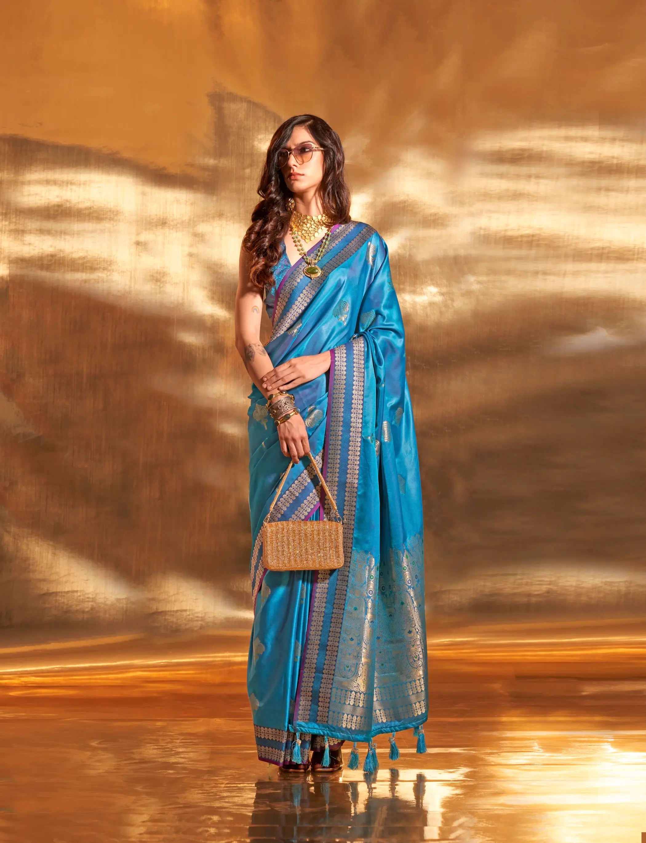 Teal Blue Satin Handloom Weaving Silk Saree - qivii