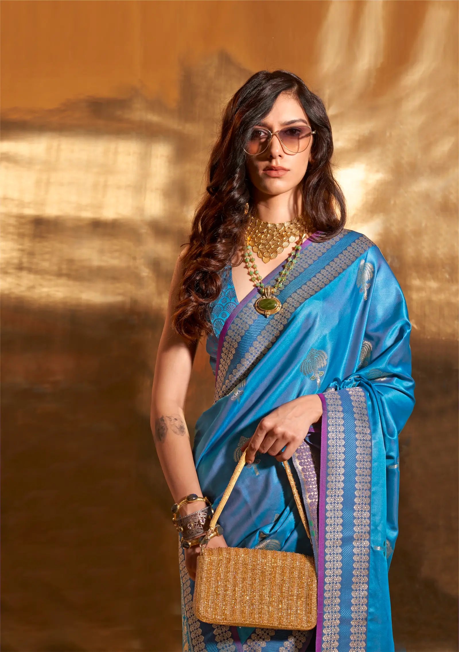 Teal Blue Satin Handloom Weaving Silk Saree - qivii